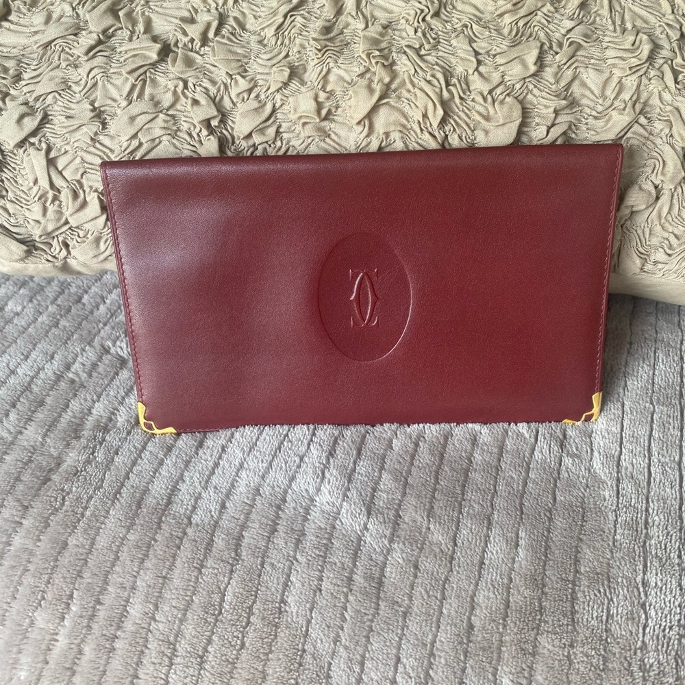 Cartier Burgundy Leather Clutch with Gold Corners